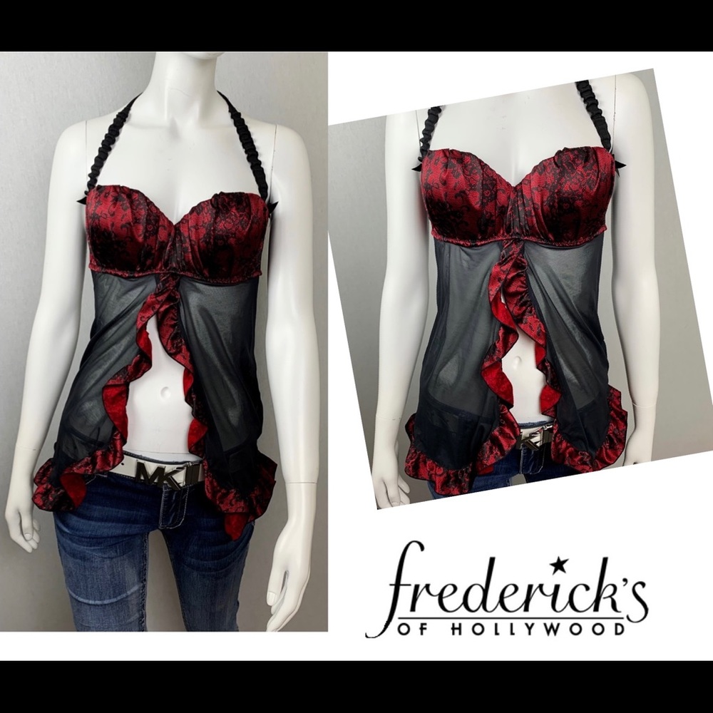Fredericks Satin Mesh Babydoll Ruffle Halter